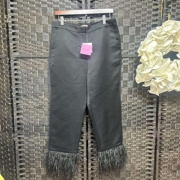 Kate Spade Black Tech Satin Feather-Trim Pants Size 6 NWT - Picture 2 of 10